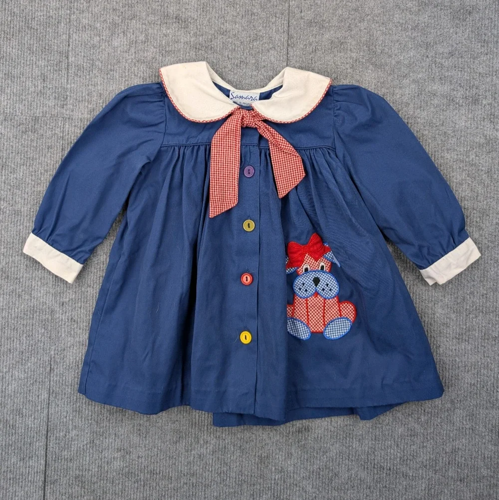 Vintage Samara Dress Girls 2T Toddler Retro Peter Pan Collar Puff Sleeve Preppy